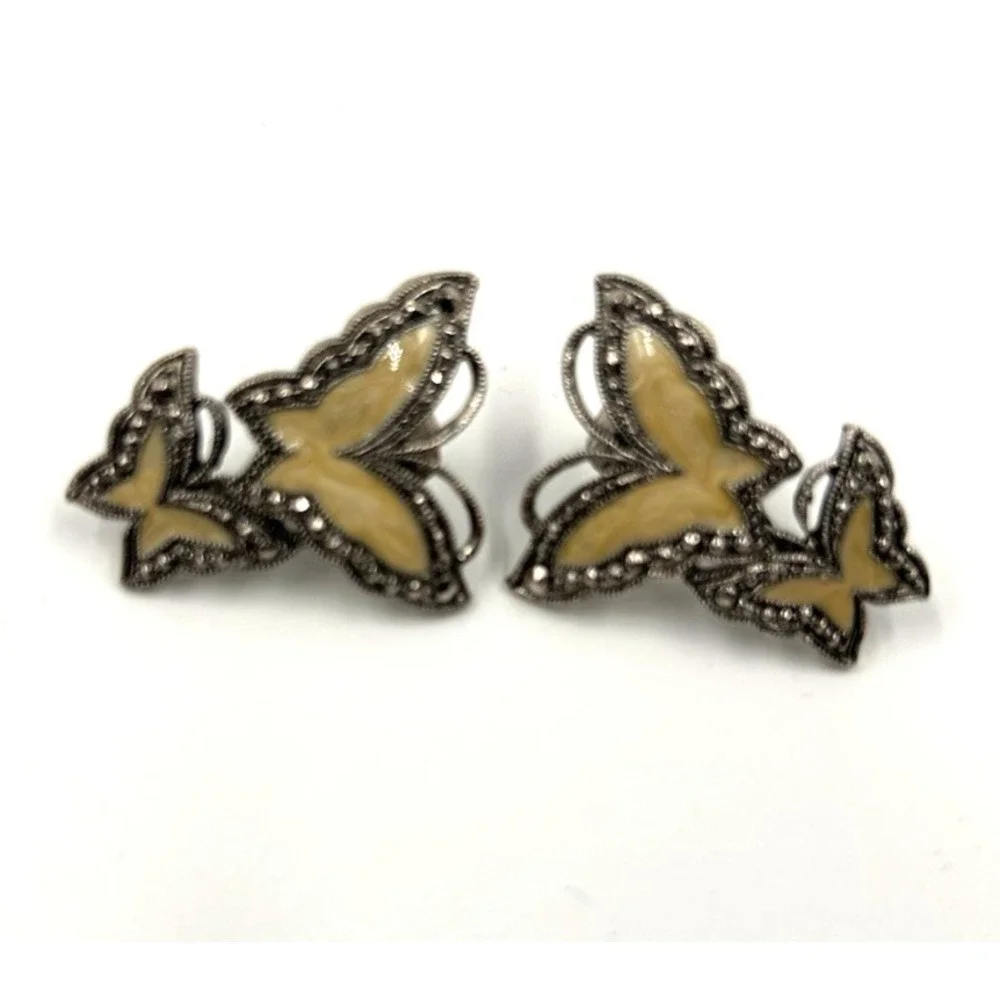 Avon Whispering Wings Butterfly Clip Earrings Pearlized‎ Enamel Faux Marcasite